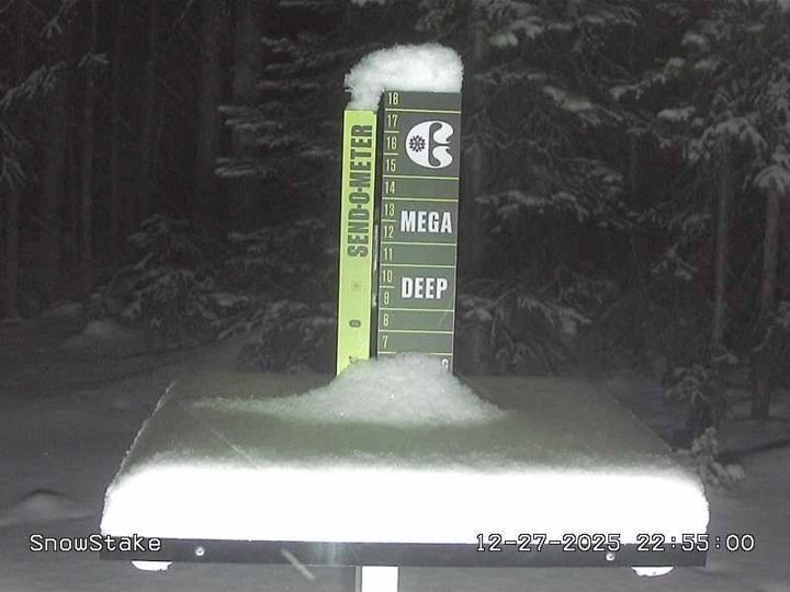 Copper snow stake during the storm