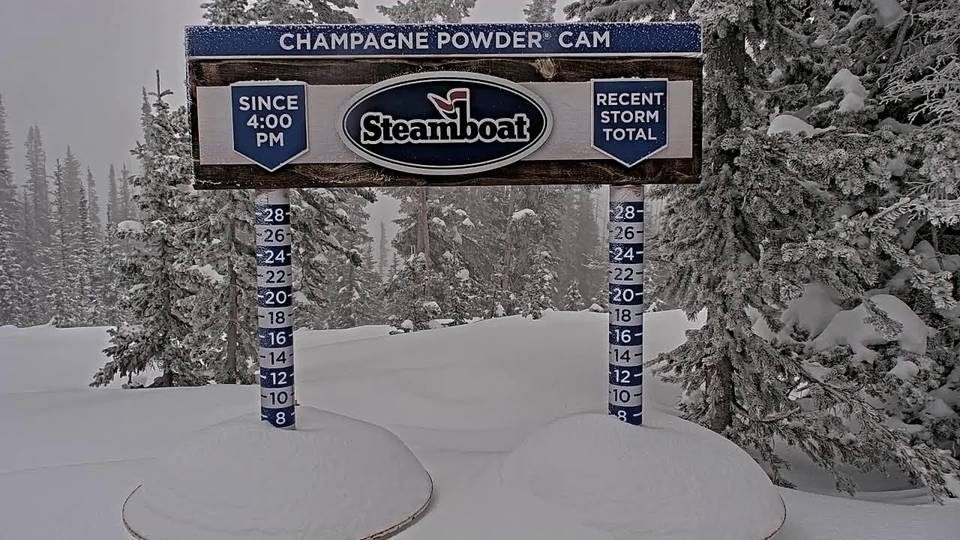 Steamboat snow stake during the storm
