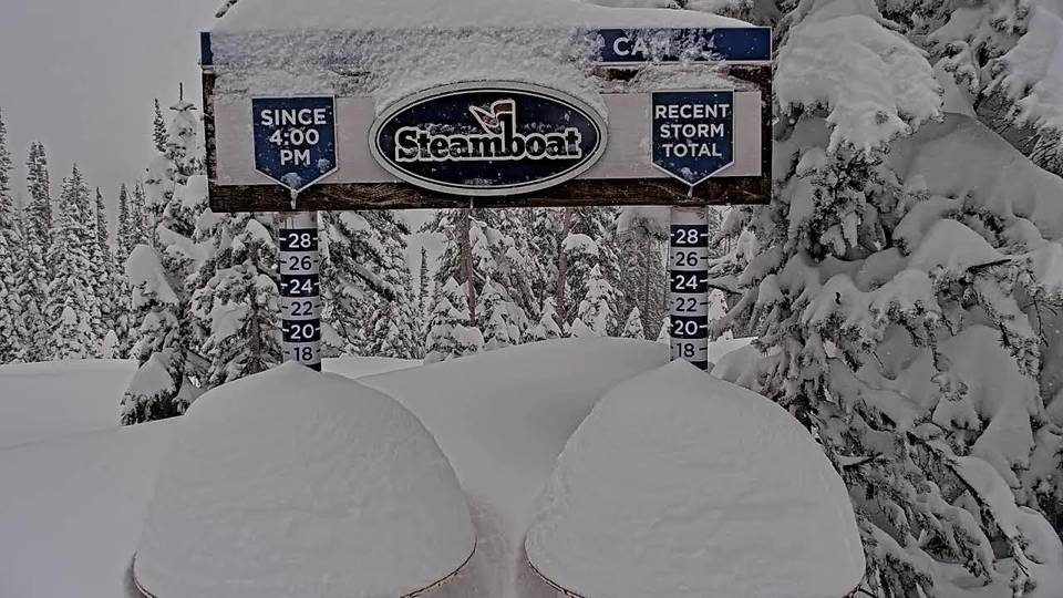 Steamboat snow stake during the storm