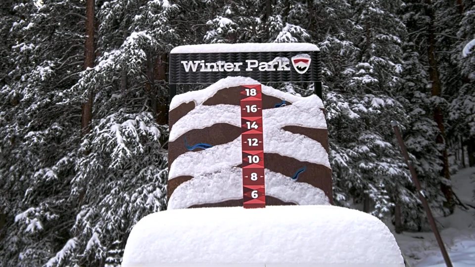 Winter Park snow stake during the storm